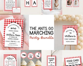 Paquete de primer cumpleaños "Ant's Go Marching": Set de fiesta con temática de picnic (descarga digital)