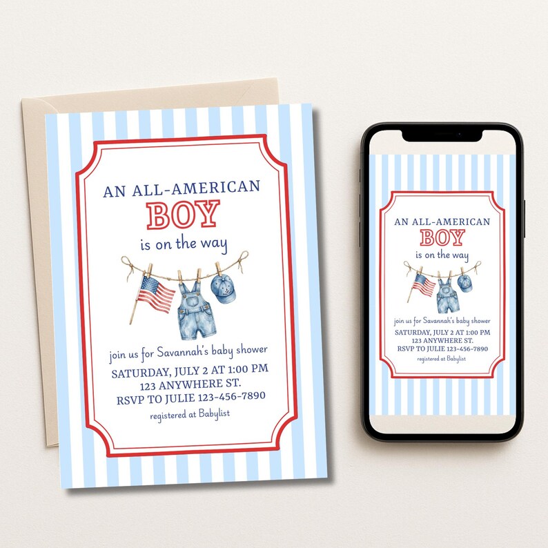 May include: Baby shower invitation with a red and blue border, featuring the text "AN ALL-AMERICAN BOY is on the way." The design includes illustrations of a flag, overalls, and a cap. The invitation is on a striped background.