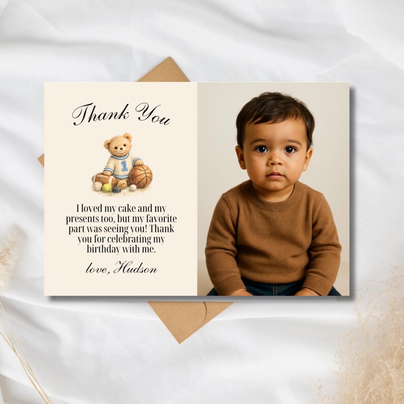 Vintage Sports Teddy Bear Thank You Card: Rookie Year First Birthday ...