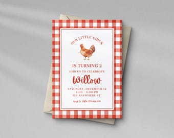Chicken Birthday Invitation: Red Gingham Farm Party Template (5x7" Digital Download)