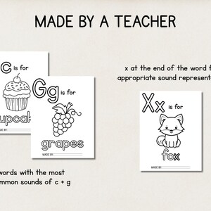 May include: Black and white educational printables for early learning. The image shows three cards with illustrations of a cupcake, grapes, and a fox, each labeled with the corresponding letter of the alphabet. Text includes "Made by a Teacher".