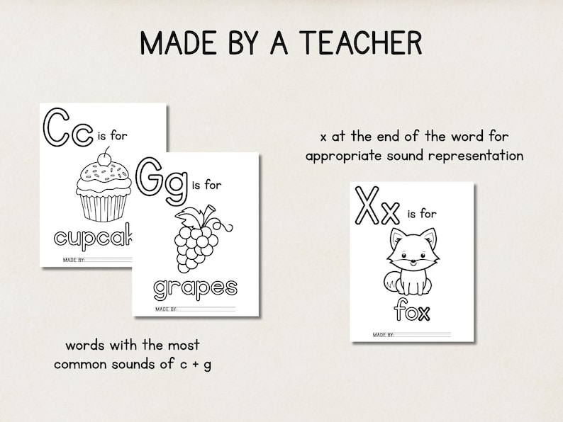 May include: Black and white educational printables for early learning. The image shows three cards with illustrations of a cupcake, grapes, and a fox, each labeled with the corresponding letter of the alphabet. Text includes "Made by a Teacher".