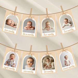 Puede incluir: Un banner de fotos de bebé con ocho fotos de bebés de dos a once meses. Cada foto está en un marco de cuadros beige, suspendida por pinzas de madera en una cuerda. Los meses están escritos en una fuente cursiva debajo de cada foto.
