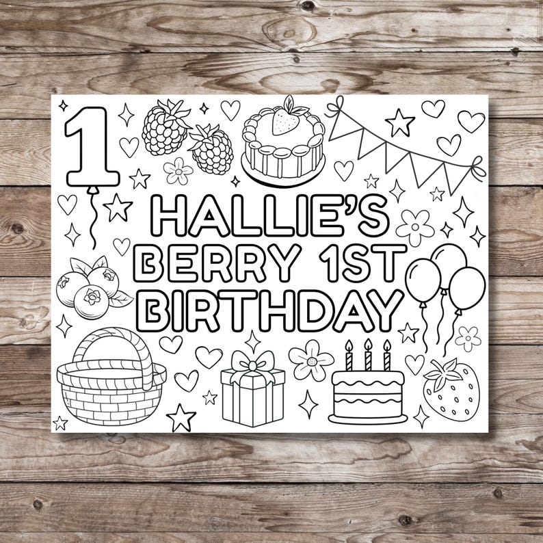 Berry First Birthday Coloring Page: Printable Party Activity (canva ...