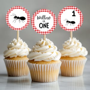 The Ants Go Marching Birthday Cupcake Toppers, Ant First Birthday Party Cake Topper Template, Cute Picnic Theme Cupcake Decorations