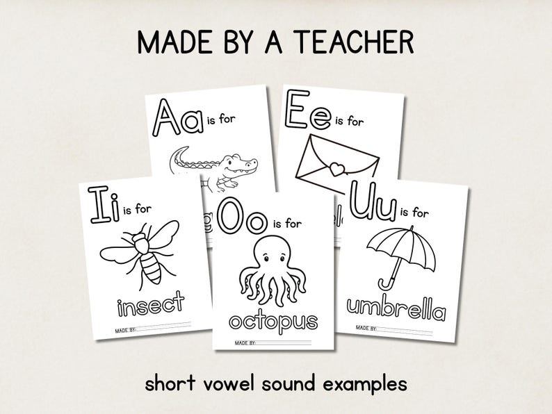 May include: Five white flashcards with black line drawings and text. The cards display the letters A, E, I, O, and U, with corresponding images of an alligator, envelope, insect, octopus, and umbrella. Text at the top reads "MADE BY A TEACHER". The bottom text says "short vowel sound examples".