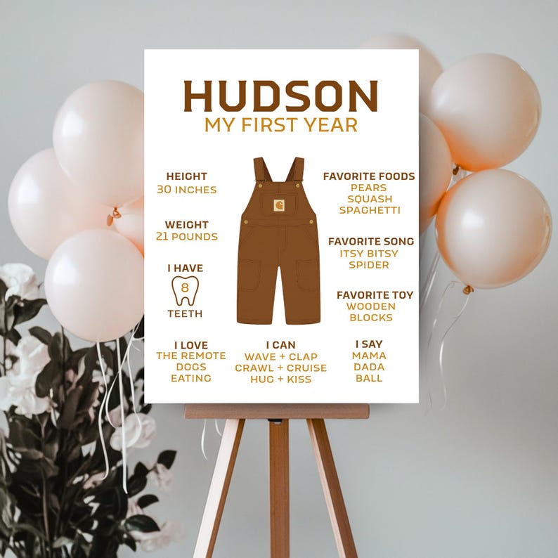 May include: A personalized "My First Year" poster on an easel, featuring the name "Hudson." The poster includes height (30 inches), weight (21 pounds), and favorite things like foods, song, and toy. Balloons and flowers are in the background.