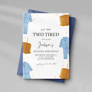 TWO Tired Invite: Pajamas + Pancakes Second Birthday Invitation Template (Digital Download)