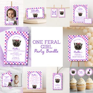 May include: A party bundle with a raccoon theme, featuring invitations, food cards, and decorations. The design includes a raccoon with a pink bow, checkerboard patterns, and the text "ONE FERAL GIRL Party Bundle."