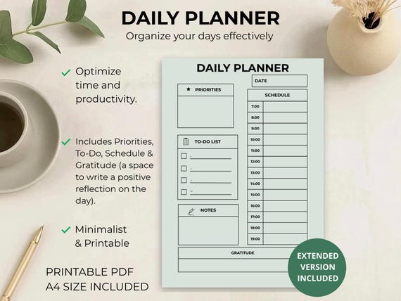 Daily Planner Printable | A4 Digital PDF & Goodnotes Template | Minimalist To Do List, Editable Canva Planner, Instant Download
