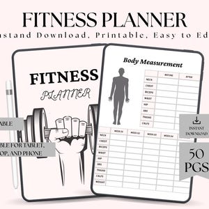 Può includere: Un pianificatore di fitness digitale con il testo "FITNESS PLANNER" e "Body Measurement". Il pianificatore include sezioni per le misurazioni del corpo e un registro degli allenamenti. L'immagine include anche il testo "Printable", "Suitable for Tablet, Laptop, and Phone", "Instant Download" e "50 PGS".