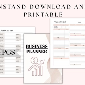 Può includere: Pagine di pianificazione stampabili, tra cui un budget settimanale, informazioni sulla carta di credito e un business planner. La copertina del business planner mostra il testo "BUSINESS PLANNER" e un grafico di un grafico in crescita. Il testo "INSTAND DOWNLOAD AND PRINTABLE" è in alto.