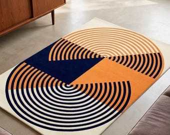 Handmade Geometric Area Rug, Navy Orange Cream Abstract Arch Tufted Rug