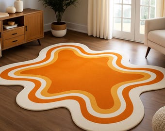 Retro Orange Wavy Rug 5x7: Hand Tufted Wool Area Rug