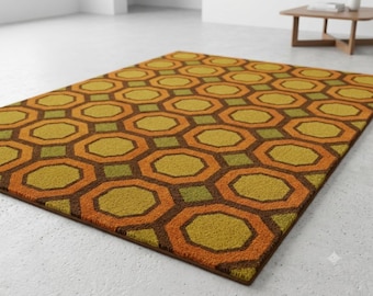 Hand Tufted Mid Century Modern Rug – 70s Hexagon Pattern, Burnt Orange & Green