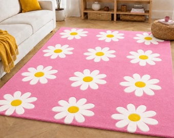 Pink Daisy Floral Area Rug, Cottagecore Kids Room Decor, Tufted Flower Rug