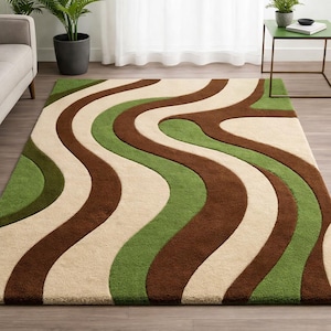 9x12ftHandmade Tufted Rug Abstract Wave Green Brown Cream Carpet Modern Area Rug Aesthetic Living Room Decor Soft Plush Rug, Gift, 10x14ft