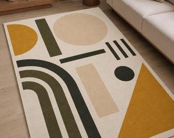 Handmade Geometric Area Rug, Mid-Century Modern Abstract, Bauhaus Inspired (Mustard, Olive, Beige)