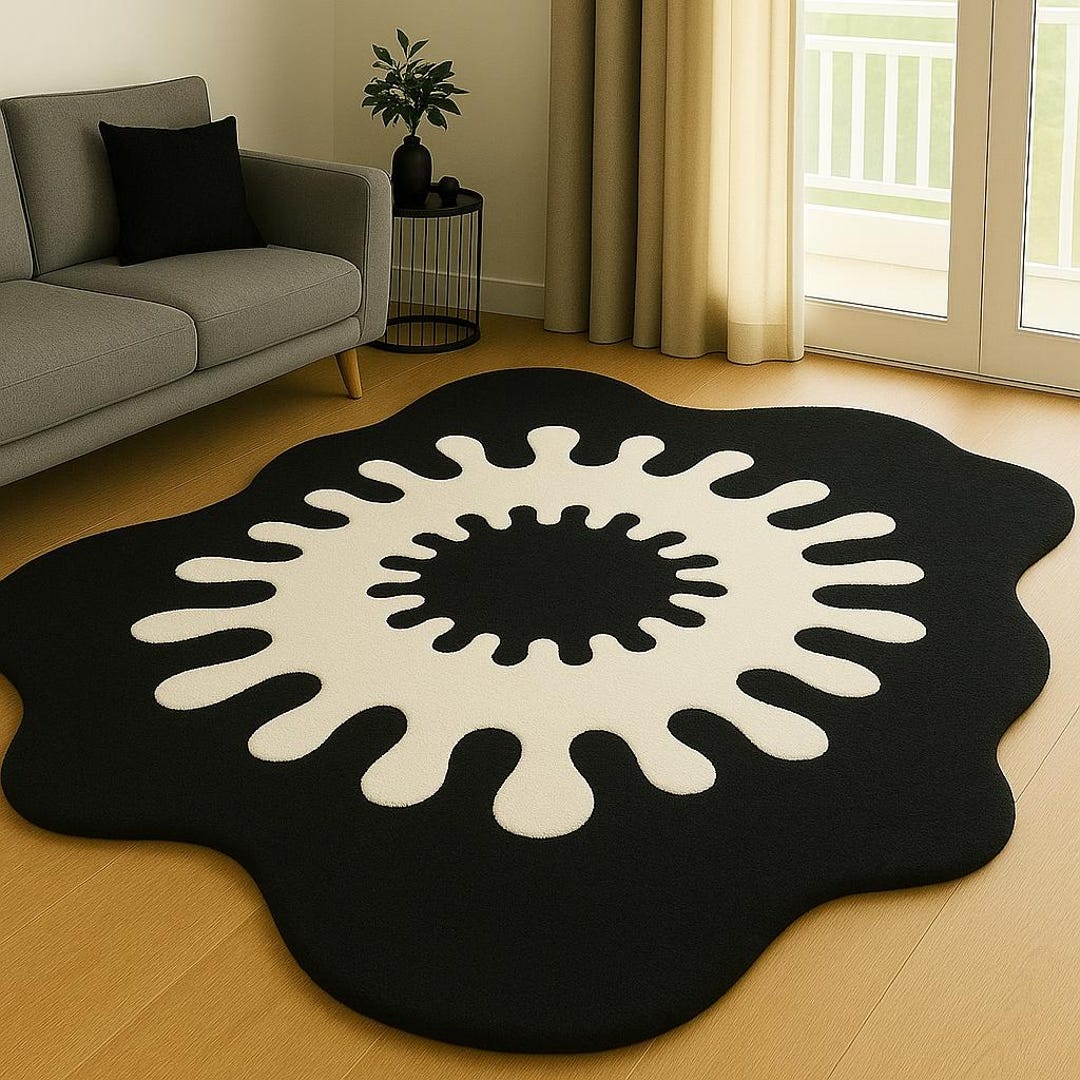 Modern Abstract Black and White Rug 6x9 Wavy Splat Design Hand Tufted ...