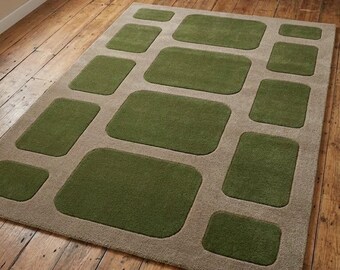 Handmade Wool Geometric Rug, Sage Green Beige, Modern Minimalist Area Rug (Custom Size)