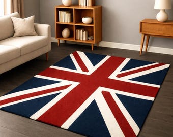 5x9ft Handmade Tufted Rug UK Flag Design, Union Jack Carpet, Modern Area Rug, Custom Handmade Wool Rug, Living Room Decor, 6x9ft,,7x10ft