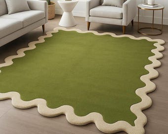 Handmade Tufted Wool Rug, Green Wavy Border, Modern Abstract Area Carpet