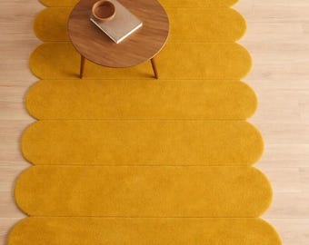 Handmade Mustard Yellow Scalloped Rug – Modern Wool Area Carpet