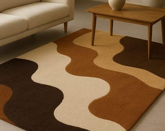 7x10ft Hand Tufted Abstract Rug, Modern Brown Beige Carpet, Wavy Design Rug, Living Room Decor, Minimalist Area Rug, Luxury Floor Rug