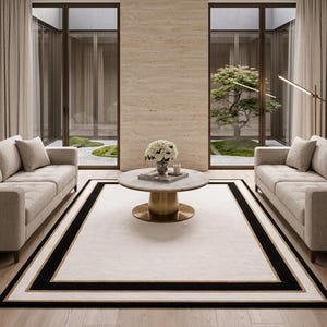 Puede incluir: Una alfombra rectangular con un centro de color crema bordeado por un marco negro grueso y una l&iacute;nea interior dorada m&aacute;s fina. La alfombra est&aacute; colocada sobre un suelo de madera clara entre dos sof&aacute;s beige y una mesa de centro redonda de m&aacute;rmol.