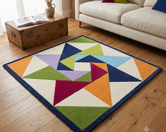 Hand Tufted Wool Geometric Area Rug, Modern Abstract Design, Multicolor Living Room Carpet