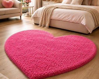Heart Shaped Pink Shag Rug, Soft Plush Nursery Carpet, Cozy Bedroom Decor
