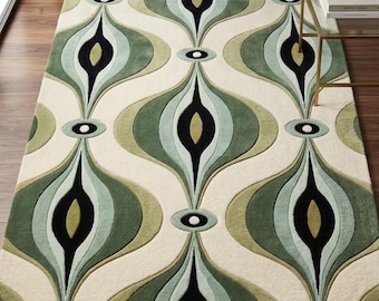 Retro Green Abstract Area Rug, Mid-Century Modern Geometric Carpet, Boho Living Room Decor