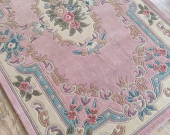 Handmade Pink Floral Tufted Wool Rug, Vintage Botanical Area Carpet