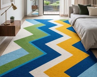 Modern Geometric Wool Area Rug, Colorful Zigzag Pattern, Contemporary Living Room Decor