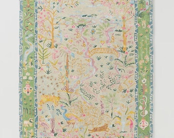 Hand Tufted Wool Rug, Enchanted Garden Wildlife Scene, Botanical Tapestry Art