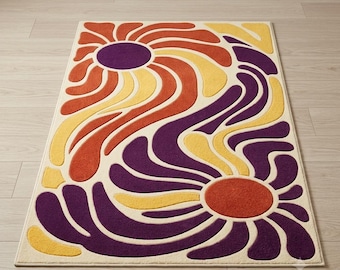 Abstract Floral Area Rug, Hand Tufted Retro Living Room Carpet, Boho Statement Home Decor