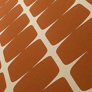 May include: Close-up of a patterned textile. It features a repeating design of rust-coloured rectangular shapes with white, pointed accents. The shapes are arranged in a grid-like pattern, creating a textured visual effect.