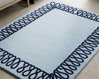 Handmade Wool Tufted Rug, Light Blue Navy Blue Abstract Border, Modern Minimalist Decor