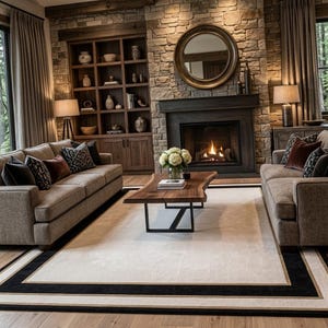 Puede incluir: Una alfombra rectangular con un gran centro de color crema bordeado por un marco negro grueso y una fina l&iacute;nea de acento beige. La alfombra est&aacute; colocada en una sala de estar con dos sof&aacute;s beige, una mesa de centro de madera y una chimenea de piedra.