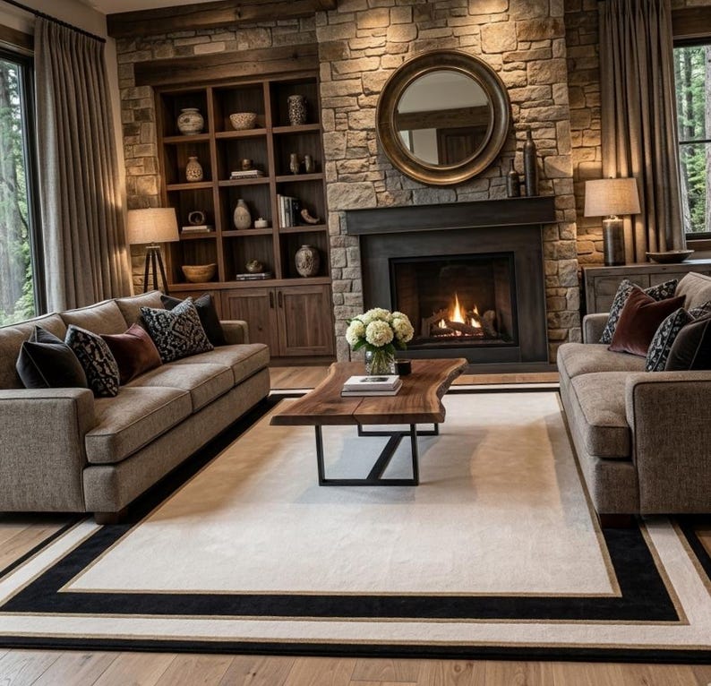 Puede incluir: Una alfombra rectangular con un gran centro de color crema bordeado por un marco negro grueso y una fina l&iacute;nea de acento beige. La alfombra est&aacute; colocada en una sala de estar con dos sof&aacute;s beige, una mesa de centro de madera y una chimenea de piedra.