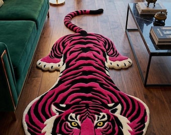 Hand Tufted Pink Tiger Rug, Wool Animal Shape Carpet, Bold Statement Decor