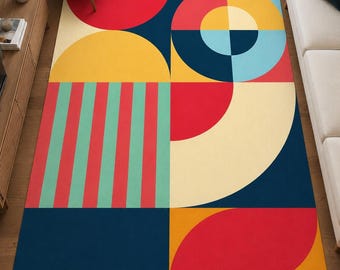 Colorful Geometric Area Rug, Modern Abstract Design, Mid-Century Retro Decor