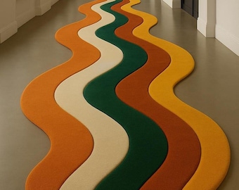 Handmade Wavy Abstract Tufted Runner Rug, Modern Hallway Carpet, Colorful Wool Blend Home Decor
