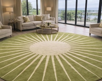 Handmade Round Green Sunburst Wool Rug | Modern Abstract Scandinavian Carpet