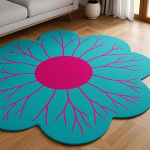 Floral Wool Rug: Pink & Teal Flower Shaped Carpet