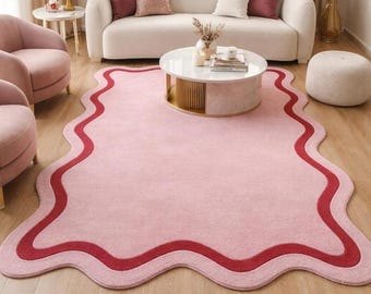 Handmade Pink Wavy Edge Tufted Rug, Irregular Shape Modern Carpet