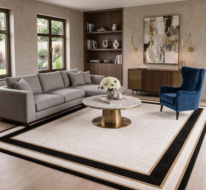 Puede incluir: Una sala de estar con un gran sof&aacute; seccional gris, una mesa de centro redonda de m&aacute;rmol con base de lat&oacute;n y un sill&oacute;n orejero de terciopelo azul intenso. Una alfombra rectangular con centro crema y bordes negros y dorados cubre el suelo.