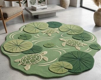 Handmade Tufted Turtle Lily Pad Rug, Nature Nursery Decor, Wool Area Rug