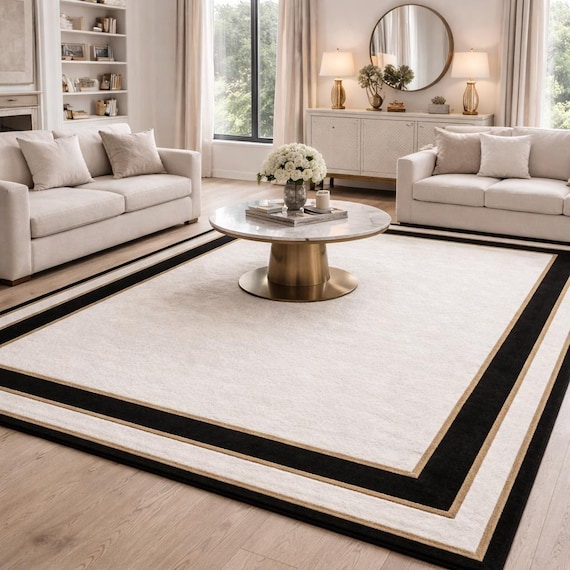 Modern Ivory Area Rug, Black Border, Luxury Living Room Carpet, Handwoven Style Spaces