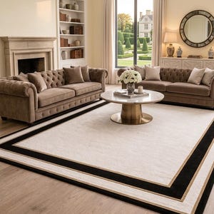 Alfombra moderna color marfil con borde negro, alfombra de lujo para sala de estar, estilo tejido a mano. imagen 3